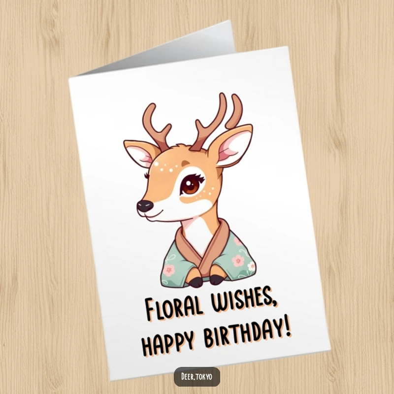 Dreamy Free Printable Birthday Card: A deer with floral fur wistfully gazes from a silk kimono.