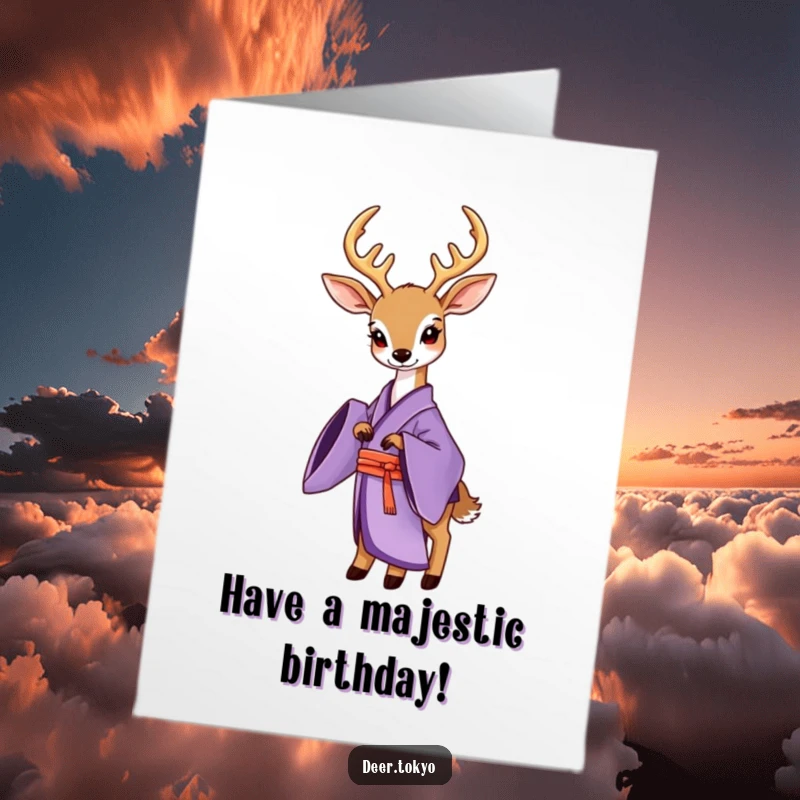 Funny Free Printable Birthday Card: Elegant deer in a flowing purple kimono, ready for a stylish celebration.