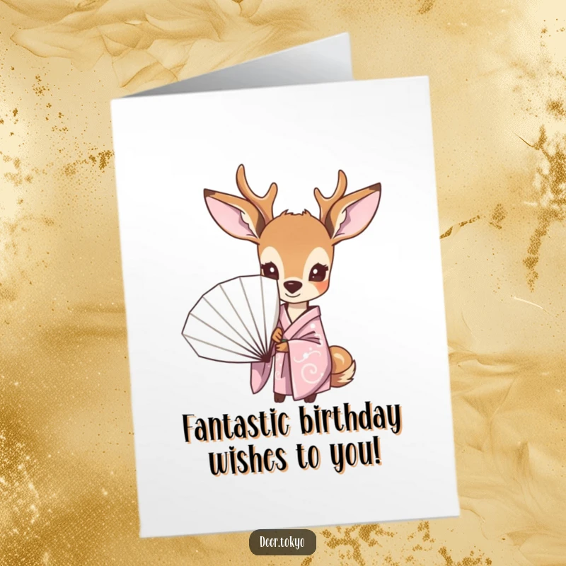 Funny Free Printable Birthday Card: Curious deer in a pastel kimono peeking playfully from behind a fan, ready to deliver birthday laughs.