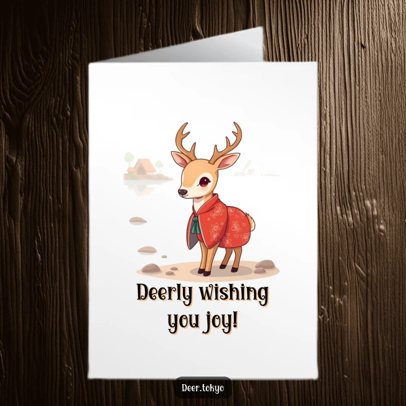 Funny Free Printable Birthday Card featuring a deer in a red kimono by a serene lake, ready to celebrate.