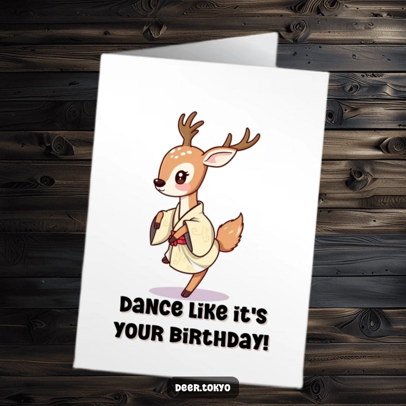 Joyful Free Printable Birthday Card: A deer playfully flicks its tail while dancing lightly in a traditional Japanese kimono.