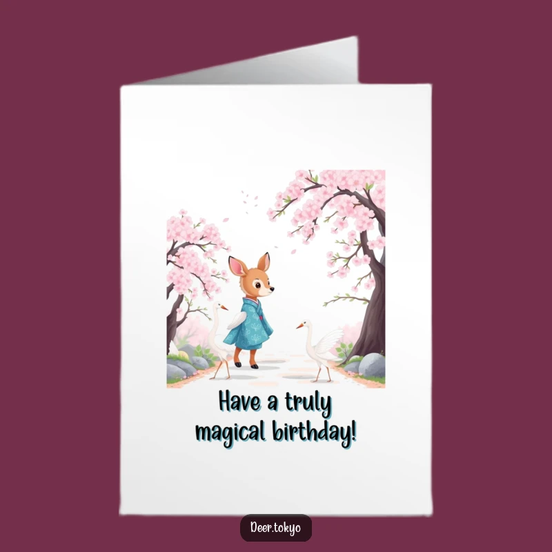 Scenic Free Printable Birthday Card: Deer's Cherry Blossom Journey - Joyful Wishes
