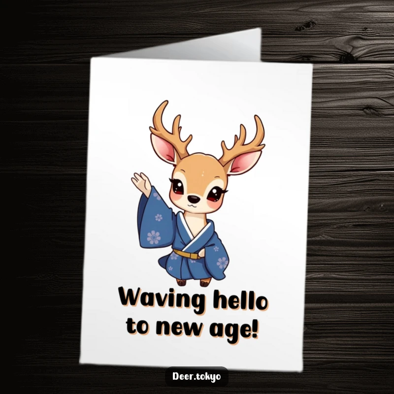 Funny Free Printable Birthday Card: A charming deer in a deep blue kimono waves a delicate sleeve, offering elegant birthday wishes.