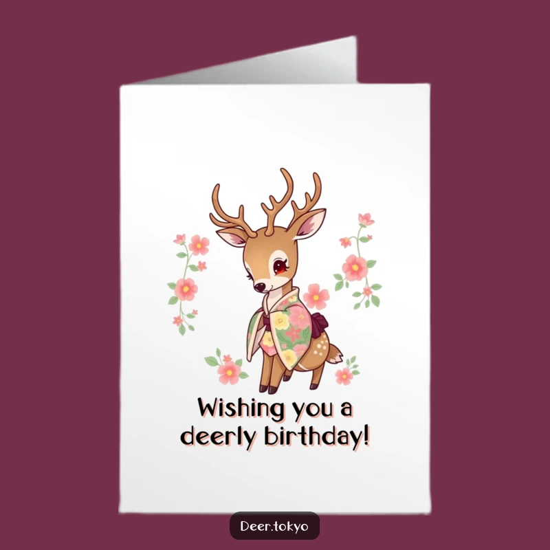 Elegant Free Printable Birthday Card: Deer in Floral Kimono - Graceful Wishes