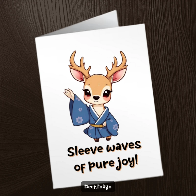 Funny Free Printable Congratulations Card: A charming deer in a deep blue kimono waves a sleeve, extending sophisticated congratulations.