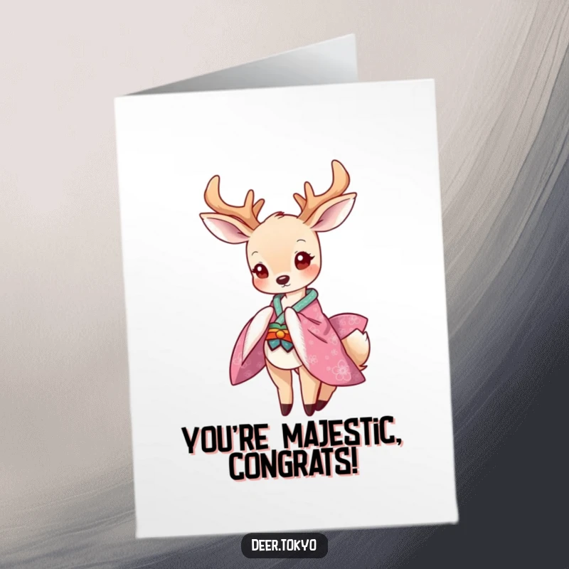 Funny Free Printable Congratulations Card: A graceful deer wearing a vibrant kimono bows playfully to celebrate an achievement.