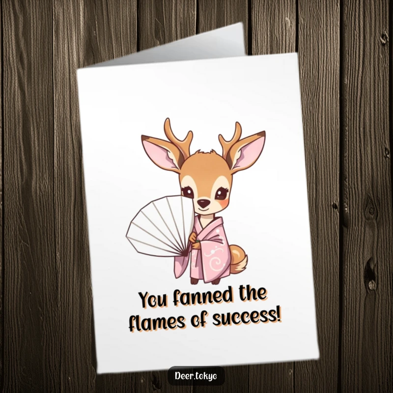 Funny Free Printable Congratulations Card: A curious deer in a pastel kimono peeking from behind a fan, offering quirky congrats.