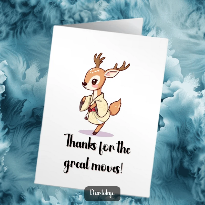 Delightful Free Printable Thank You Card: A deer dances lightly, tail flicking playfully, in a beautiful kimono.