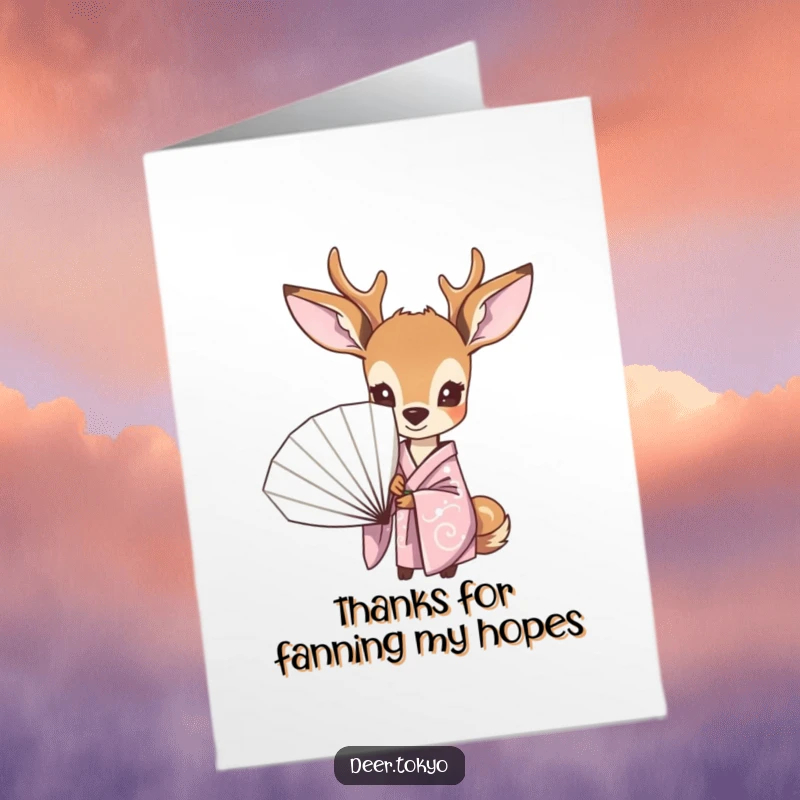 Funny Free Printable Thank You Card: Curious deer in a pastel kimono peeking from behind a fan, expressing thanks with a humorous twist.