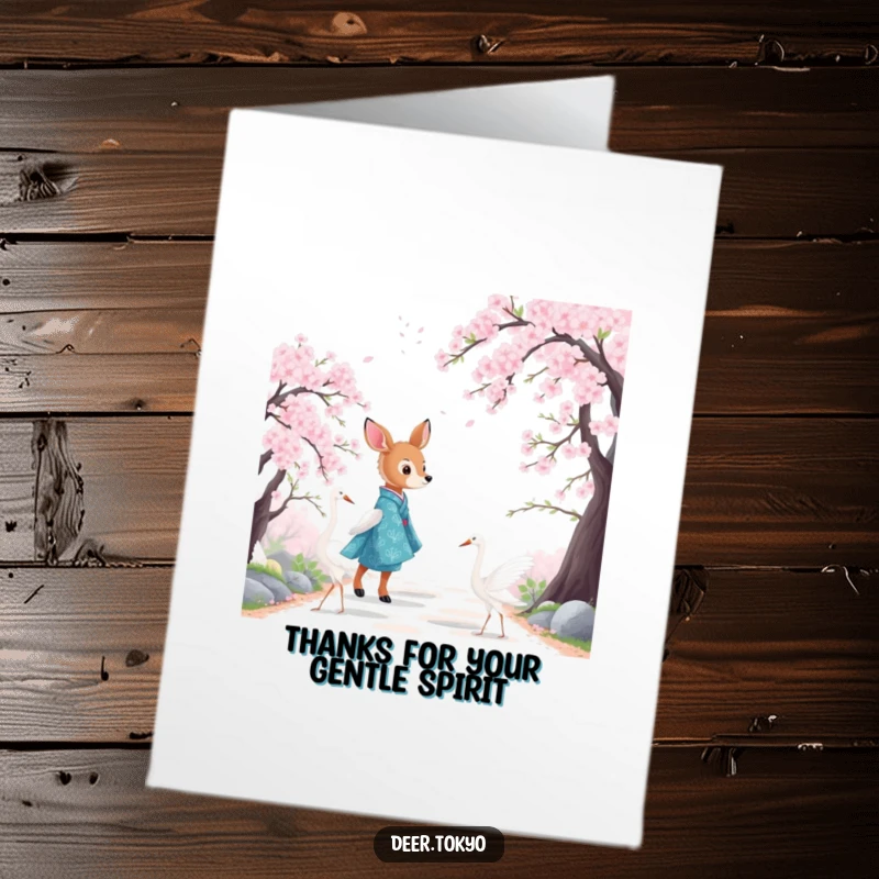 Scenic free printable thank you card featuring a deer in a blue kimono with cranes walking along a cherry blossom path.