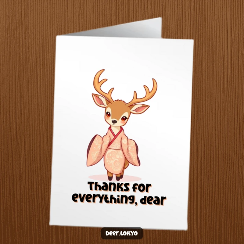 Elegant Free Printable Thank You Card: A charming deer with delicate antlers poses gracefully in a beautifully patterned kimono.