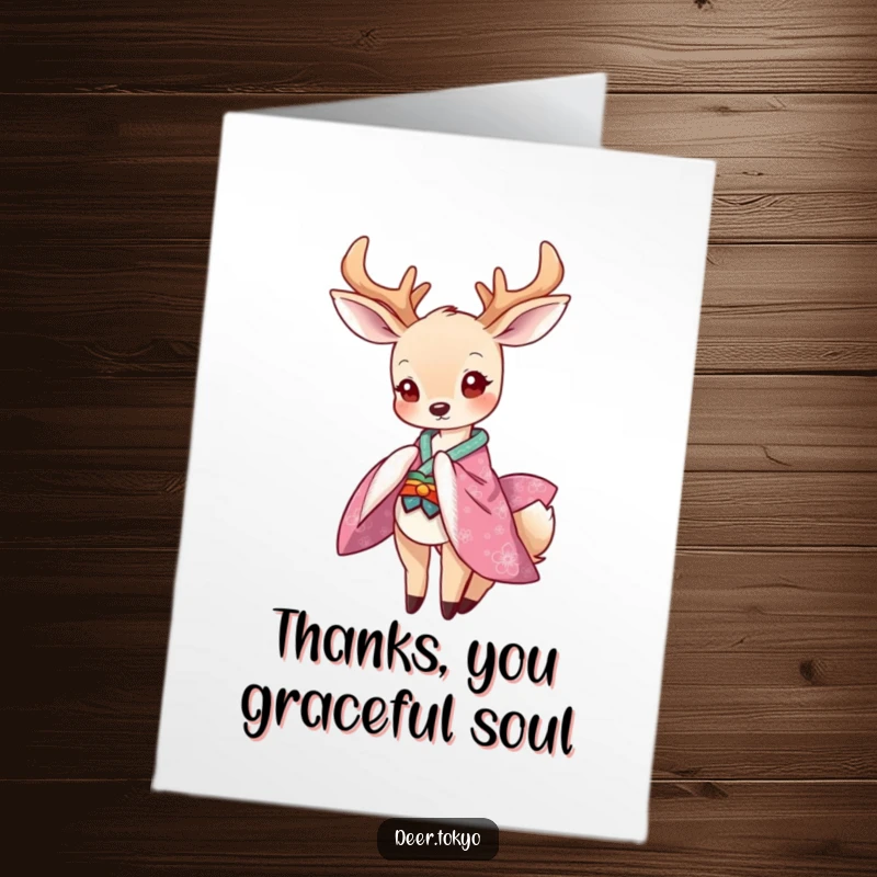 Funny Free Printable Thank You Card: A graceful deer in a vibrant kimono bows playfully, offering sincere thanks.