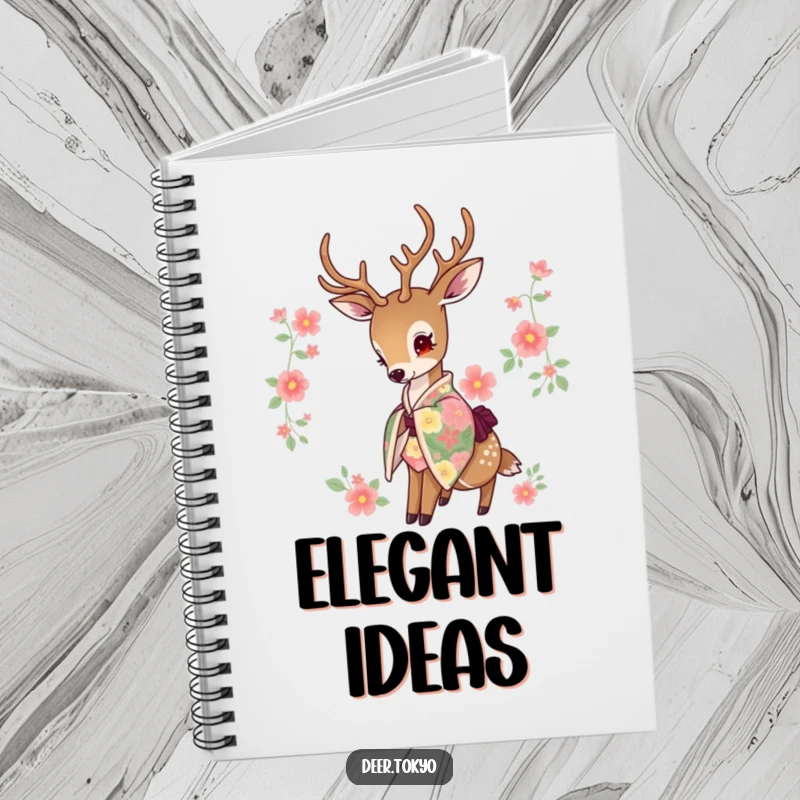 Funny notebook cover with a deer in a floral kimono, head bowed peacefully. Ideal for notes.