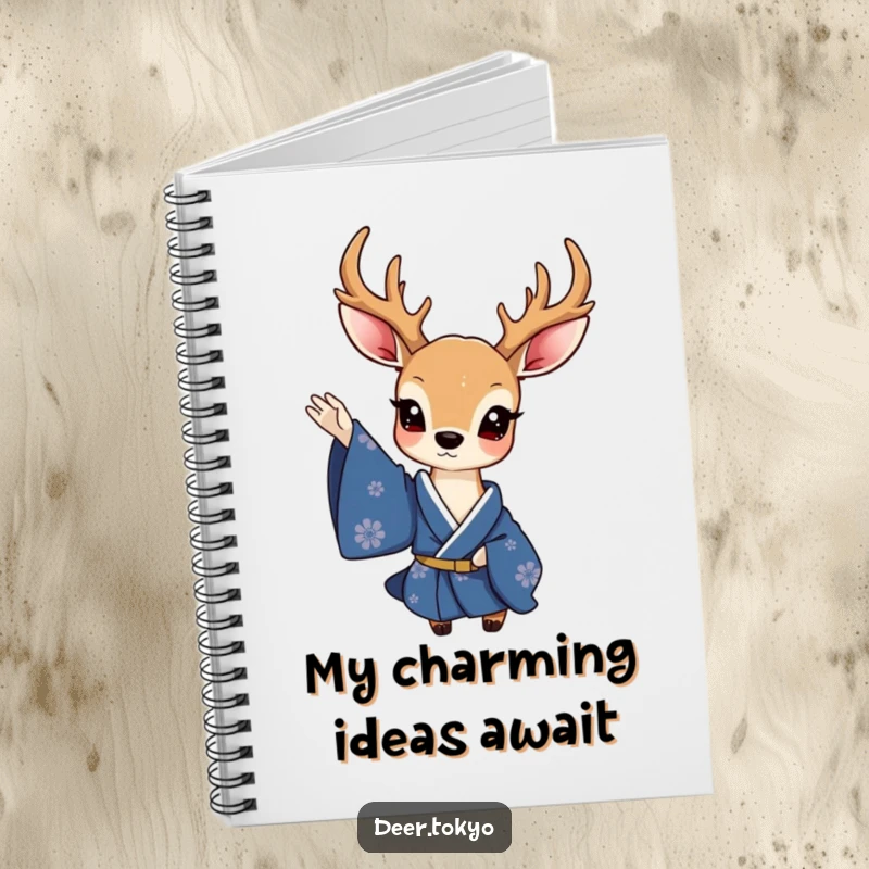 Funny notebook with a charming deer in a deep blue kimono, waving a delicate sleeve, ideal for journaling and elegant note-taking.