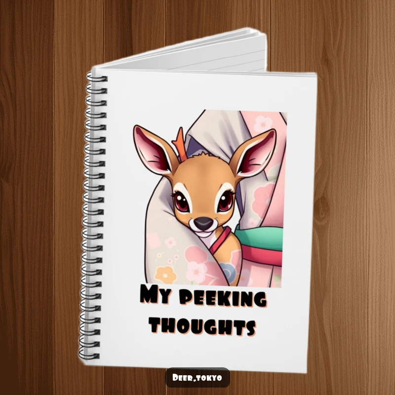 A deer with curious eyes peeking from a kimono sleeve on the cover of a notebook, great for writing.