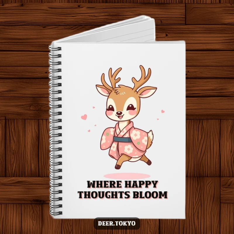 Funny notebook with a joyful deer in a floral kimono, prancing lightly, ideal for journaling, notes, and creative writing with joy.