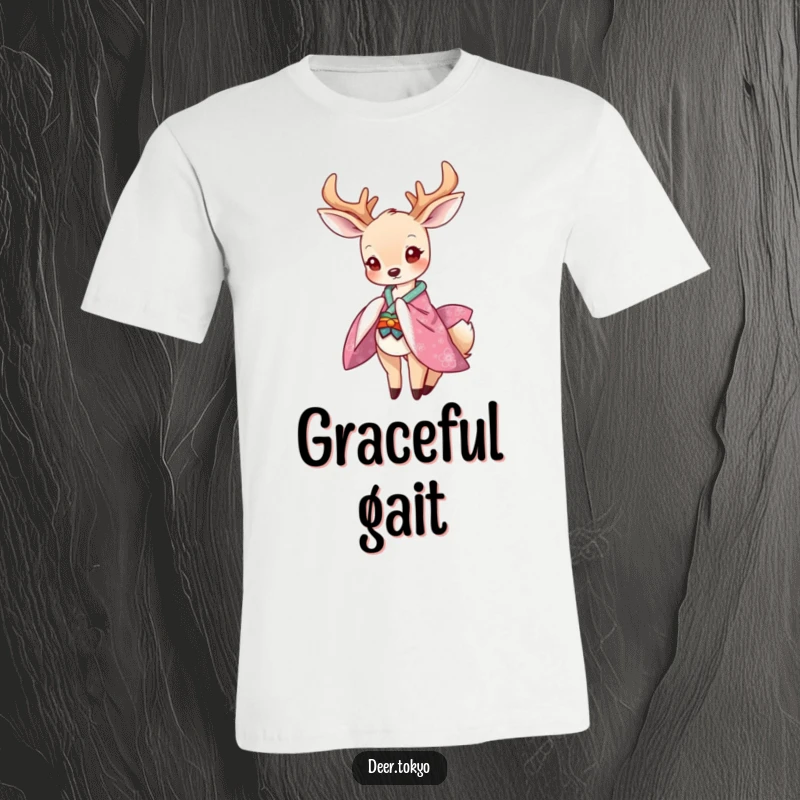 Funny t-shirt with a graceful deer in a vibrant kimono bowing playfully, showcasing a stylish and humorous design.