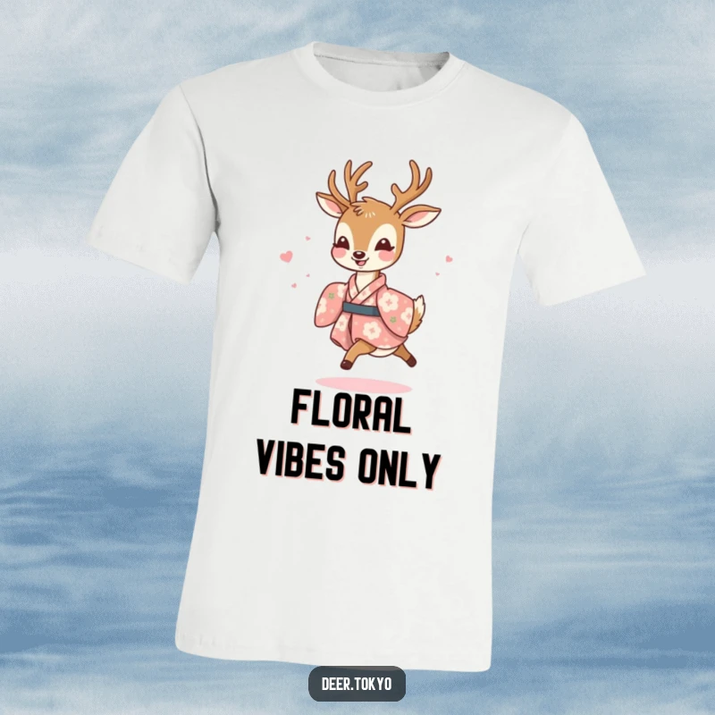 Funny t-shirt featuring a joyful deer in a floral kimono, prancing with light, happy movements, illustrating cheerful energy and style.