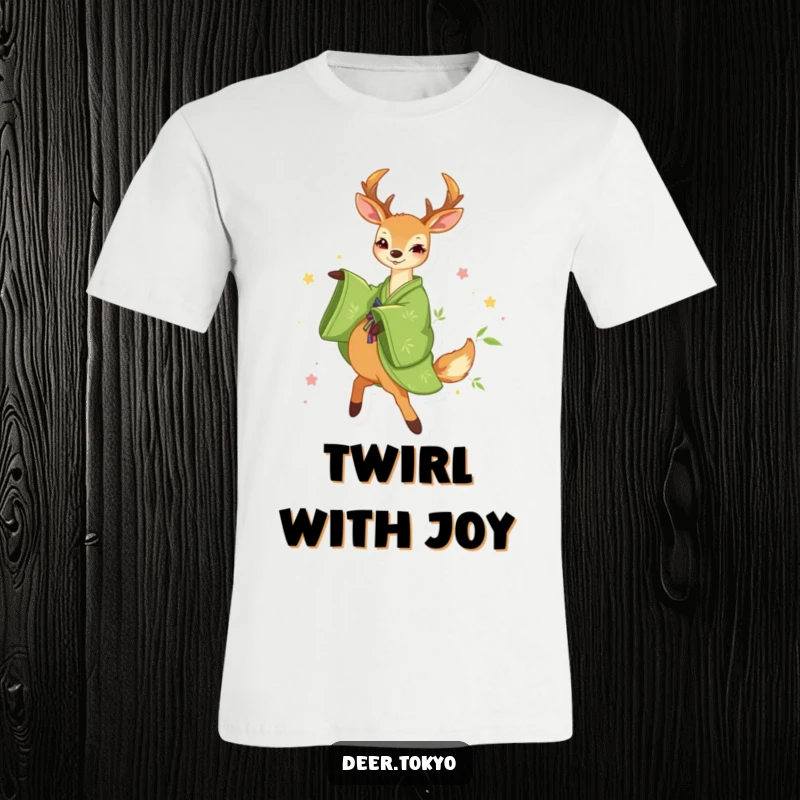 Funny Green Kimono Deer T-Shirt: A deer in a green kimono with bamboo designs happily twirls, radiating pure joy.