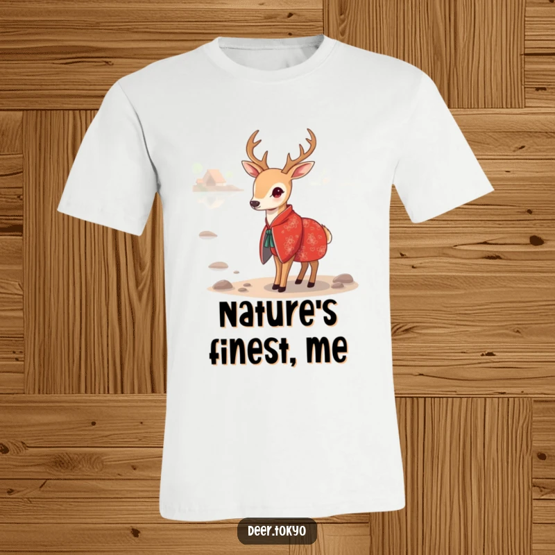 Funny Red Kimono Deer T-Shirt: Elegant deer in a patterned red kimono by a serene lake, embodying peace and style.
