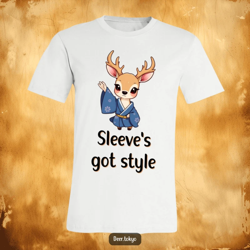 Funny t-shirt with a charming deer in a deep blue kimono, delicately waving a sleeve, showcasing elegant humor and artistic flair.