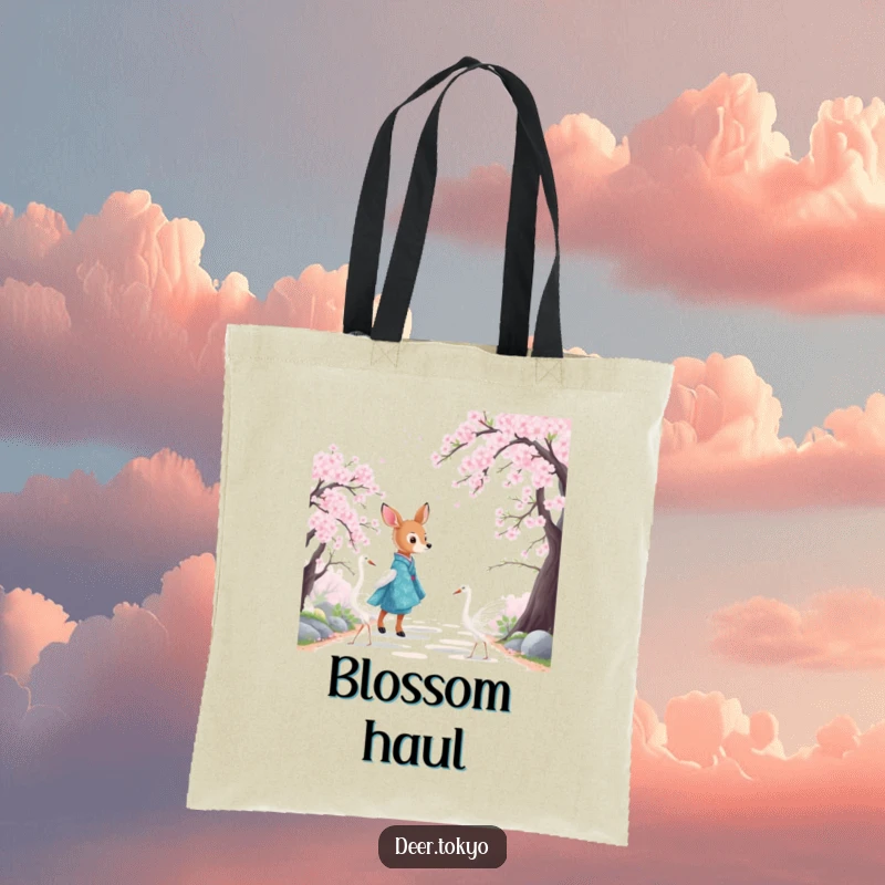 Funny tote bag with a deer in a blue kimono with cranes, walking on a cherry blossom path. Artistic shopper.