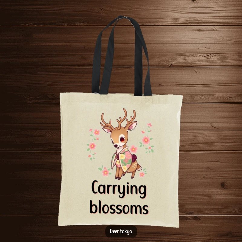 Funny tote bag showcasing a deer in a vibrant floral kimono, head gracefully bowed. Practical elegance.