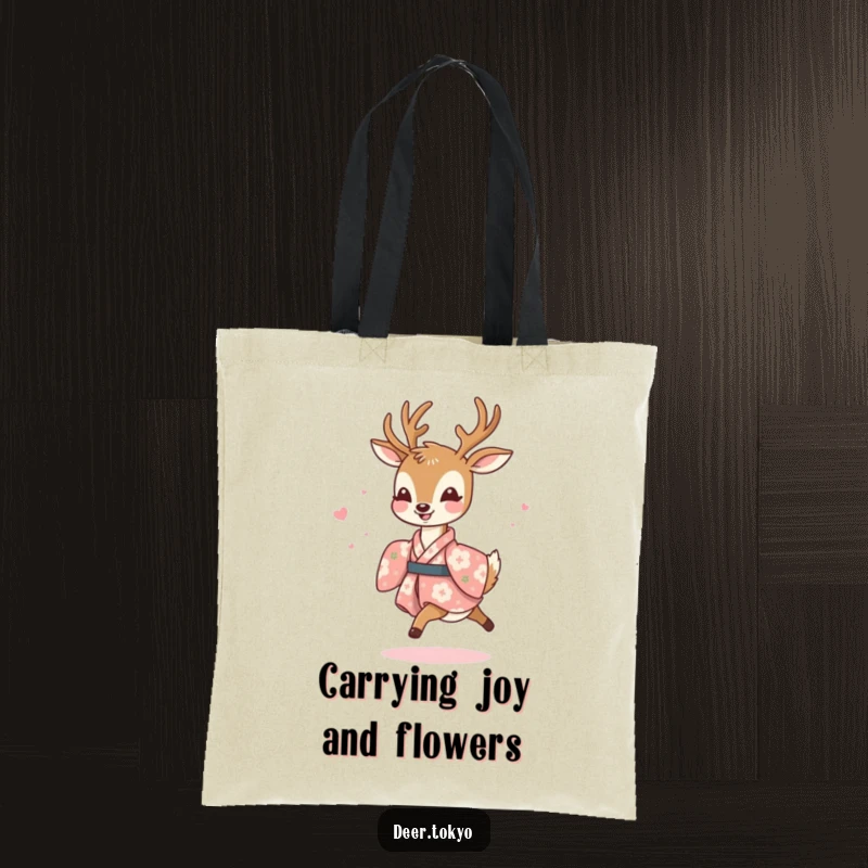 Funny tote bag with a joyful deer in a floral kimono, prancing lightly, perfect for shopping and adding a splash of happiness.