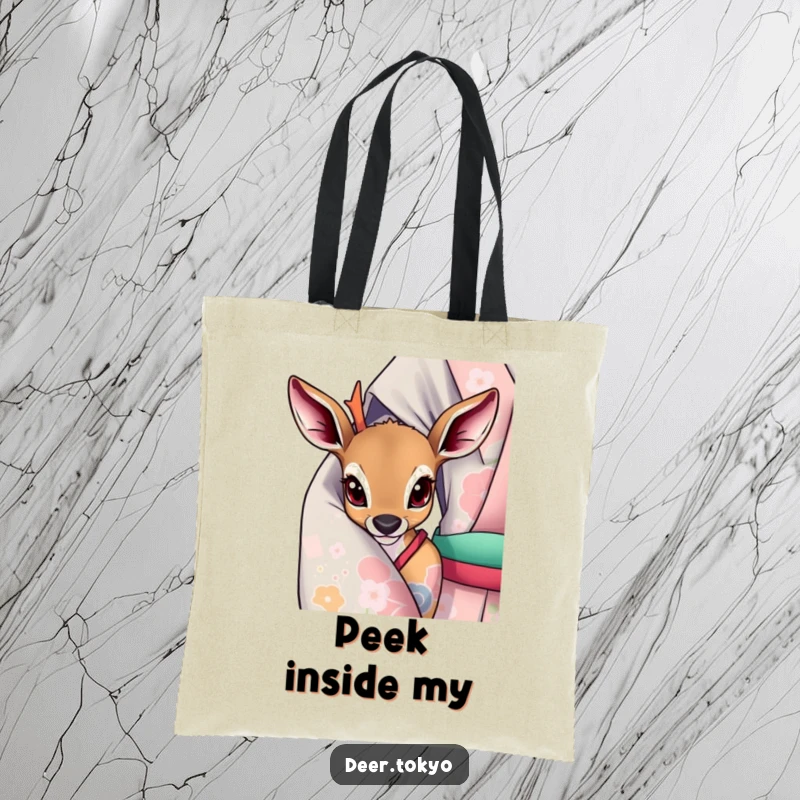 A deer with curious eyes peeking from a vibrant kimono sleeve, featured on a durable tote bag.