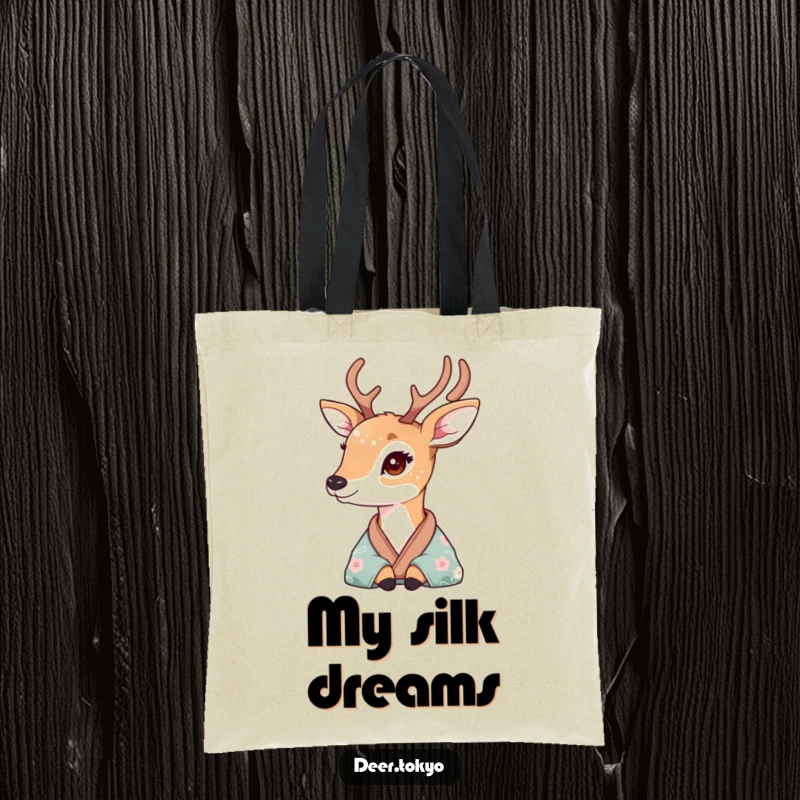 A deer with delicate floral fur patterns looking wistfully from a silk kimono, featured on a durable tote bag.