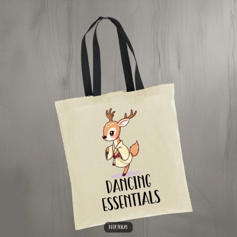 A deer playfully flicking its tail while dancing in a traditional Japanese kimono, featured on a durable tote bag.