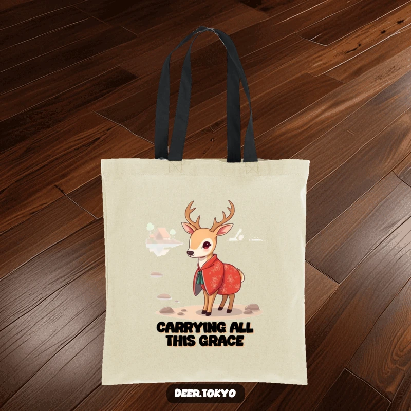 Funny Red Kimono Deer Tote Bag: A graceful deer in a red kimono by a calm lake, perfect for stylish, eco-friendly carrying.