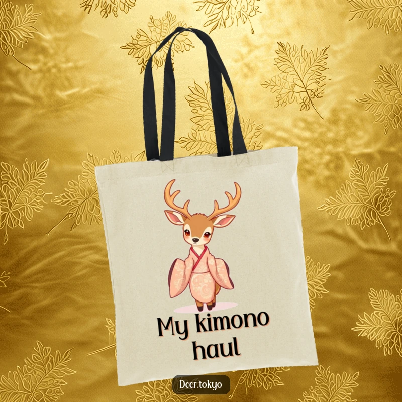 A deer in a flowing, intricately patterned kimono, featured on a durable tote bag, perfect for art lovers.